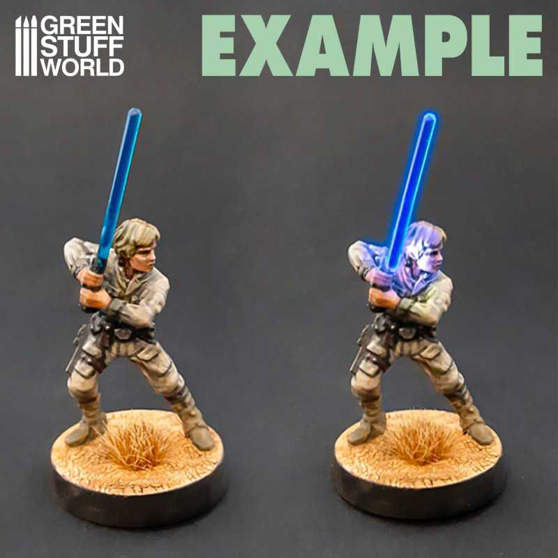 Two painted sci-fi figures with blue energy swords, one lit up using Green Stuff World Conductive Paint