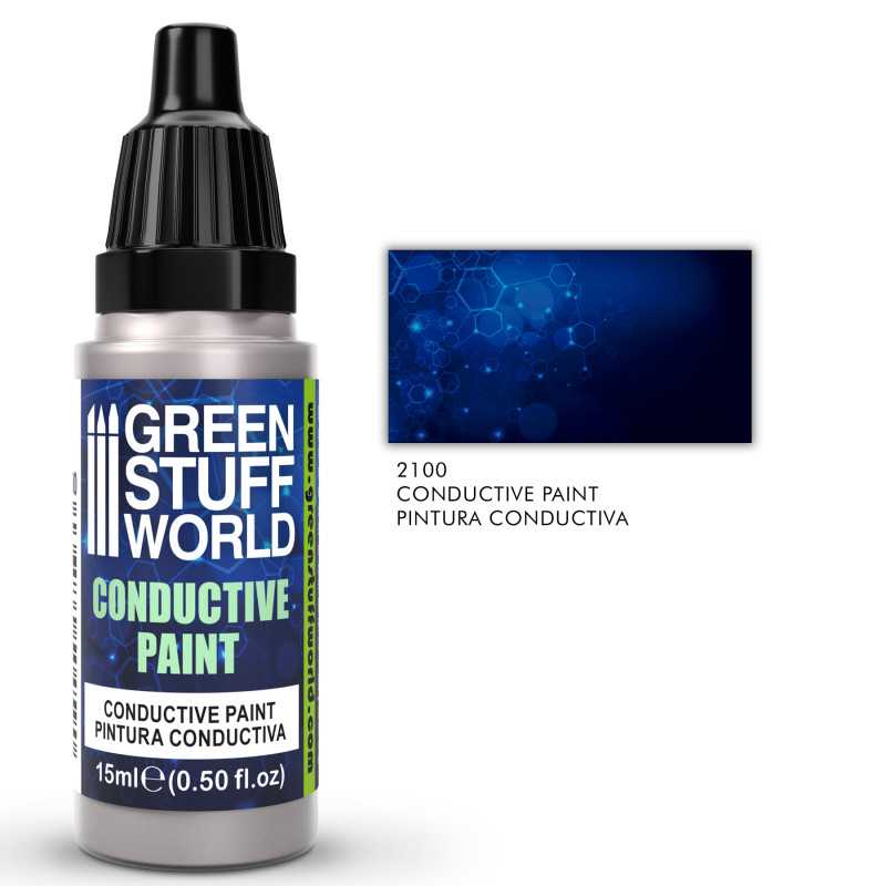 Green Stuff World Conductive Paint 15ml dropper bottle beside a circuit-pattern label