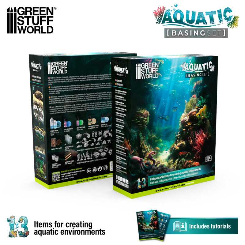 Green Stuff World Aquatic Basing Set boxes with 13 items for creating aquatic environments, tutorials included