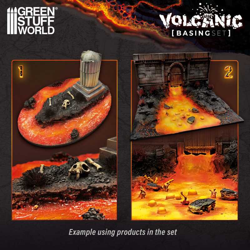 Example lava and volcanic bases made with the Green Stuff World Volcanic Basing Set