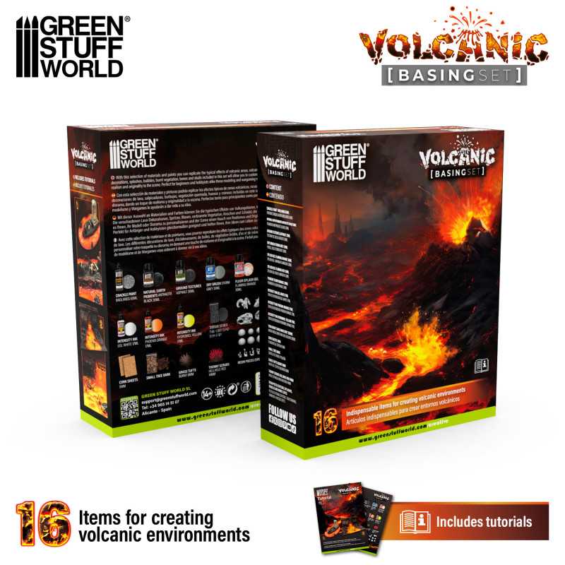 Green Stuff World Volcanic Basing Set packaging with 16 items and tutorials included