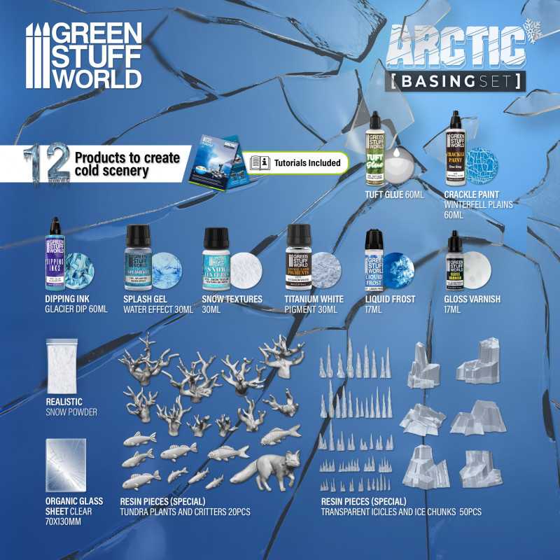 Contents of the Green Stuff World Arctic Basing Set: snow textures, paints, varnish, resin plants and ice