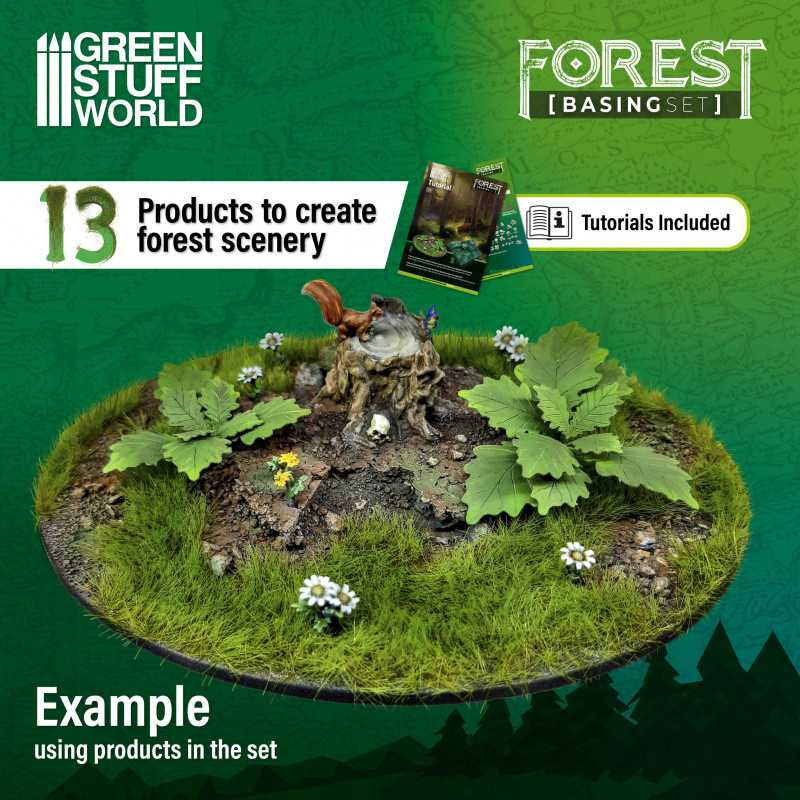 Example woodland base made with the Green Stuff World Forest set, with ferns, grass and a squirrel