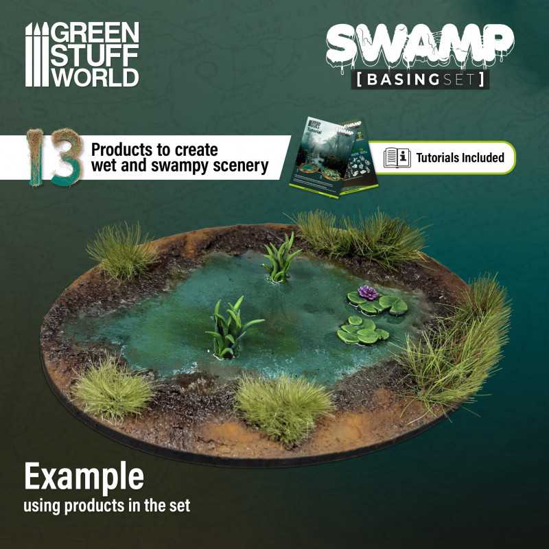 Example swamp base built with the Green Stuff World Swamp set, with water, tufts and lily pads