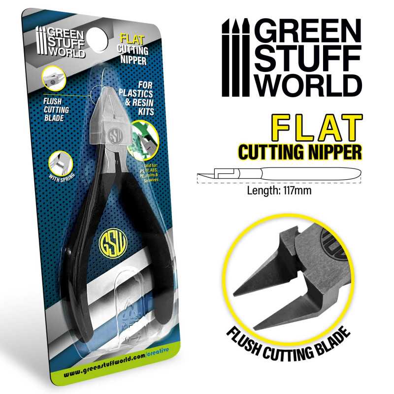 Green Stuff World Flat Cutting Nipper packaging beside a close-up of the flush cutting blade