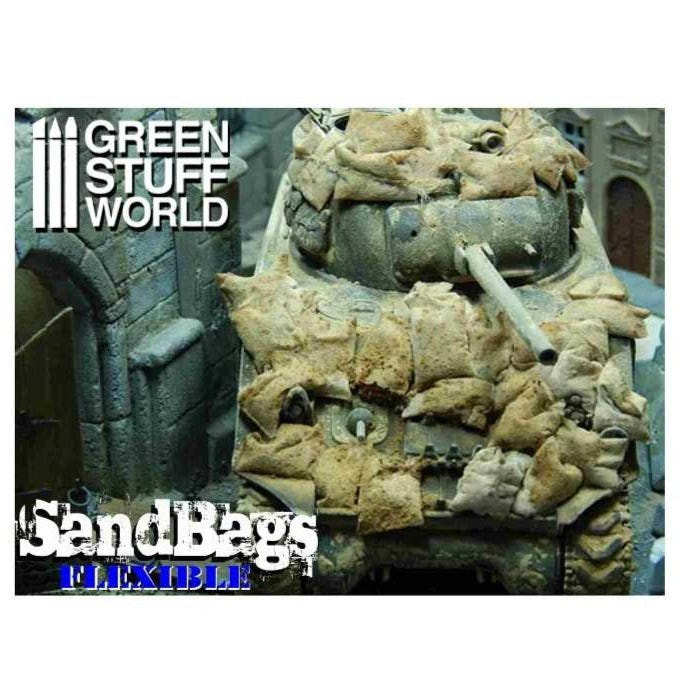 Green Stuff World flexible sandbags used as improvised armour on a painted model tank