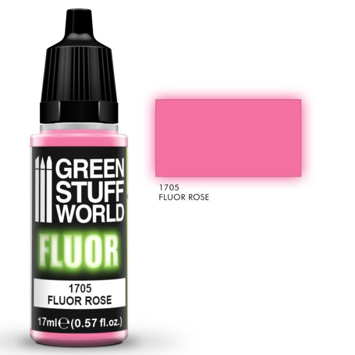 Green Stuff World Fluor Rose 1705 fluorescent pink acrylic paint, 17ml bottle with swatch