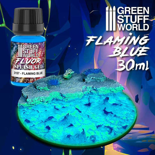 Green Stuff World Fluor Splash Gel Flaming Blue 30ml bottle with a glowing blue gel effect base