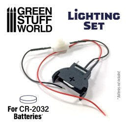 Green Stuff World lighting kit with switch and battery holder, made for CR-2032 coin cell batteries