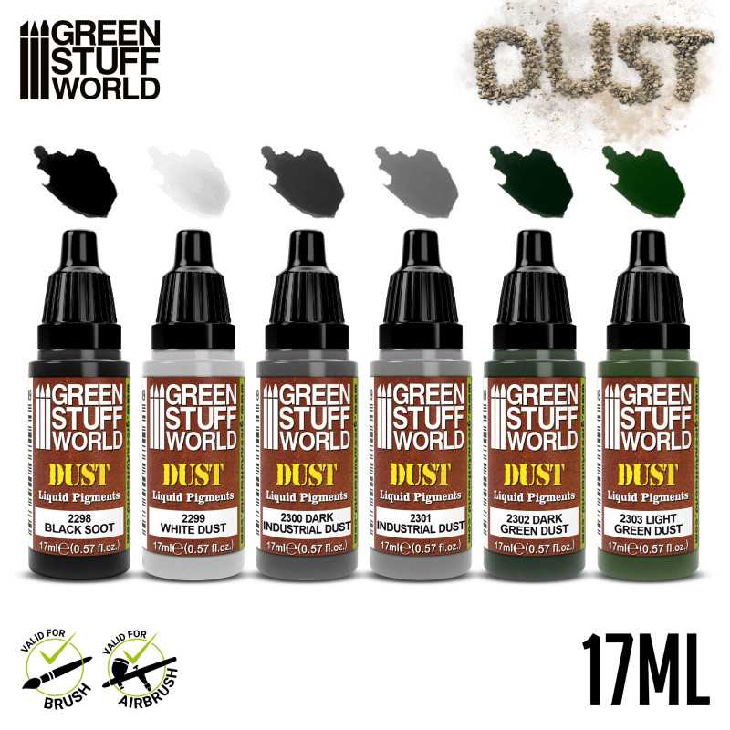 Green Stuff World Dust liquid pigments six-bottle lineup with colour swatches, black to green dust