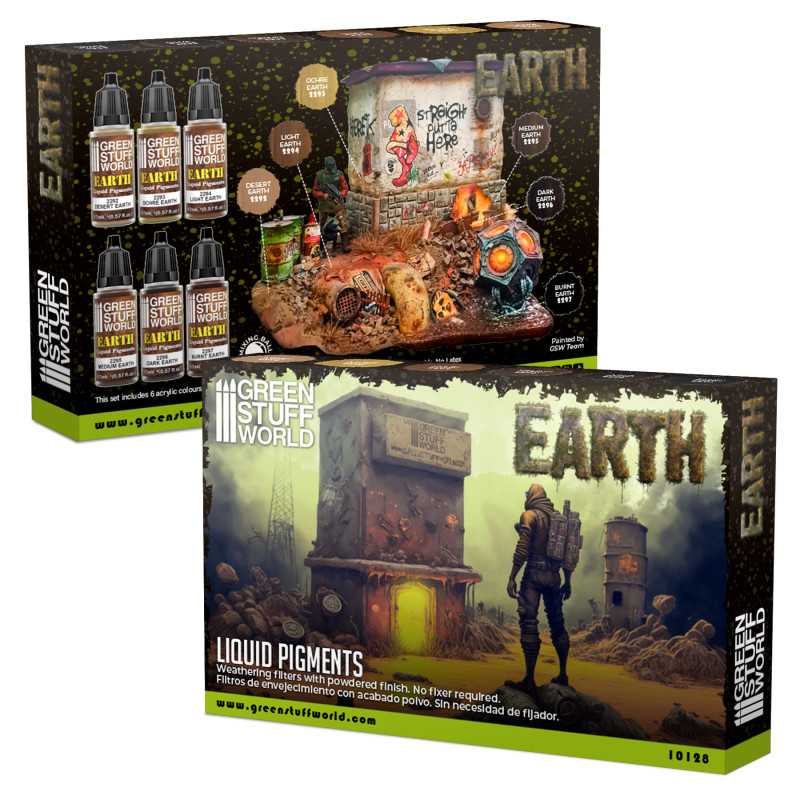 Green Stuff World Liquid Pigments Earth set boxes showing a weathered diorama and building