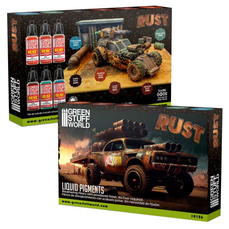 Green Stuff World Rust liquid pigments set box, front and back with weathered vehicles