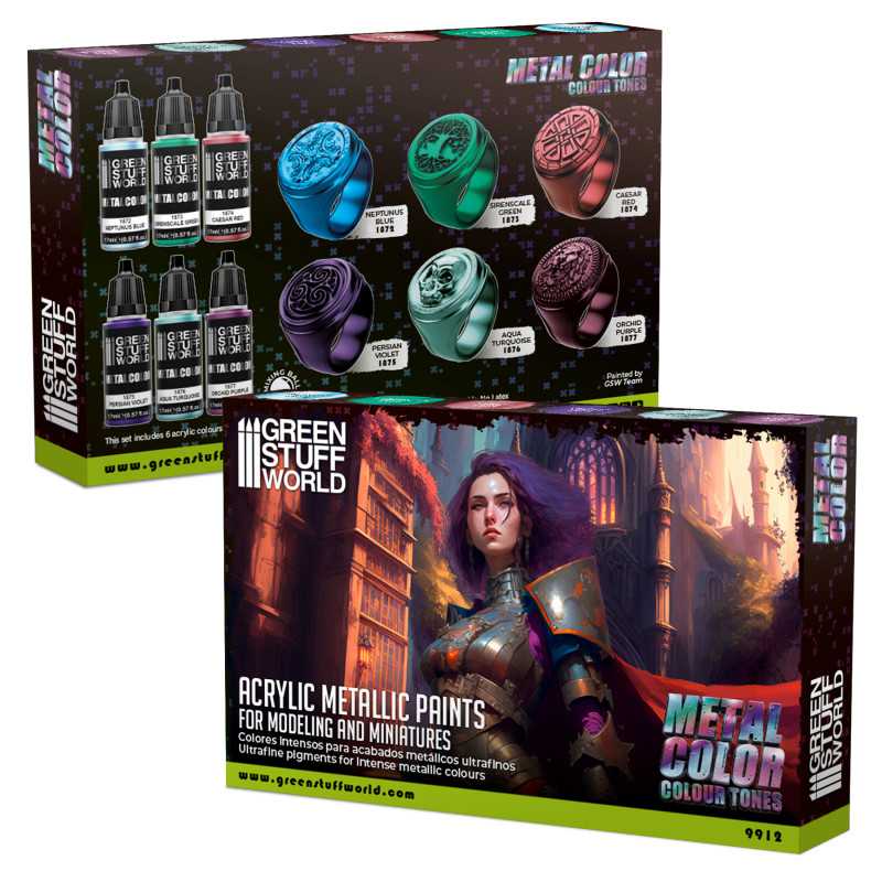 Green Stuff World Metal Color Colour Tones metallic acrylic paint set box, front and back