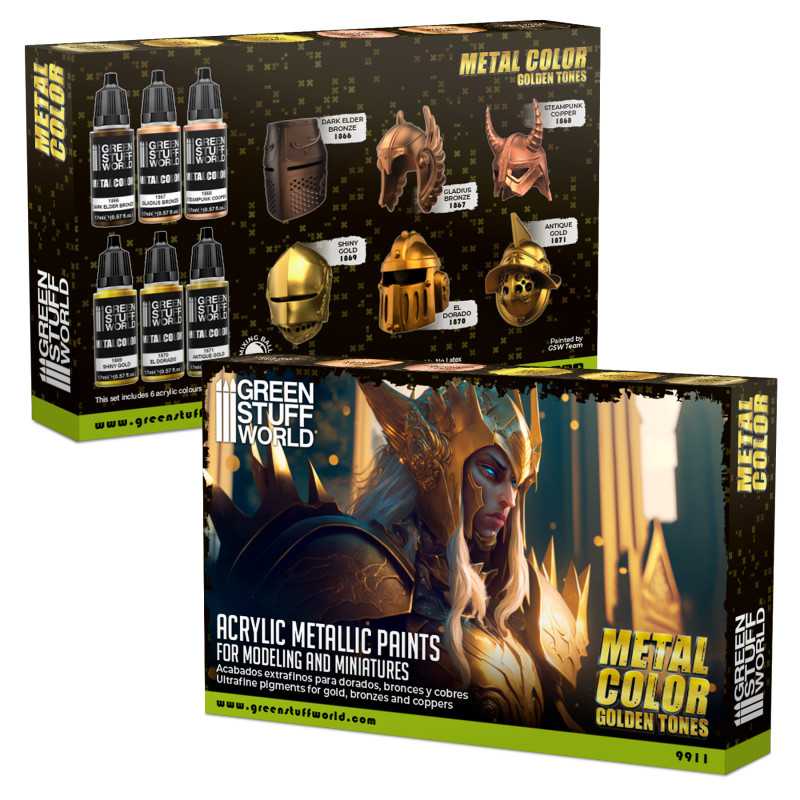 Green Stuff World Metal Color Golden Tones metallic paint set box, front and back