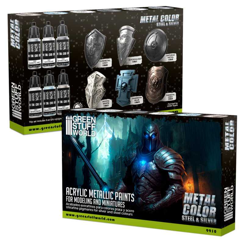 Green Stuff World Metal Color Steel & Silver acrylic metallic paint set box, front and back