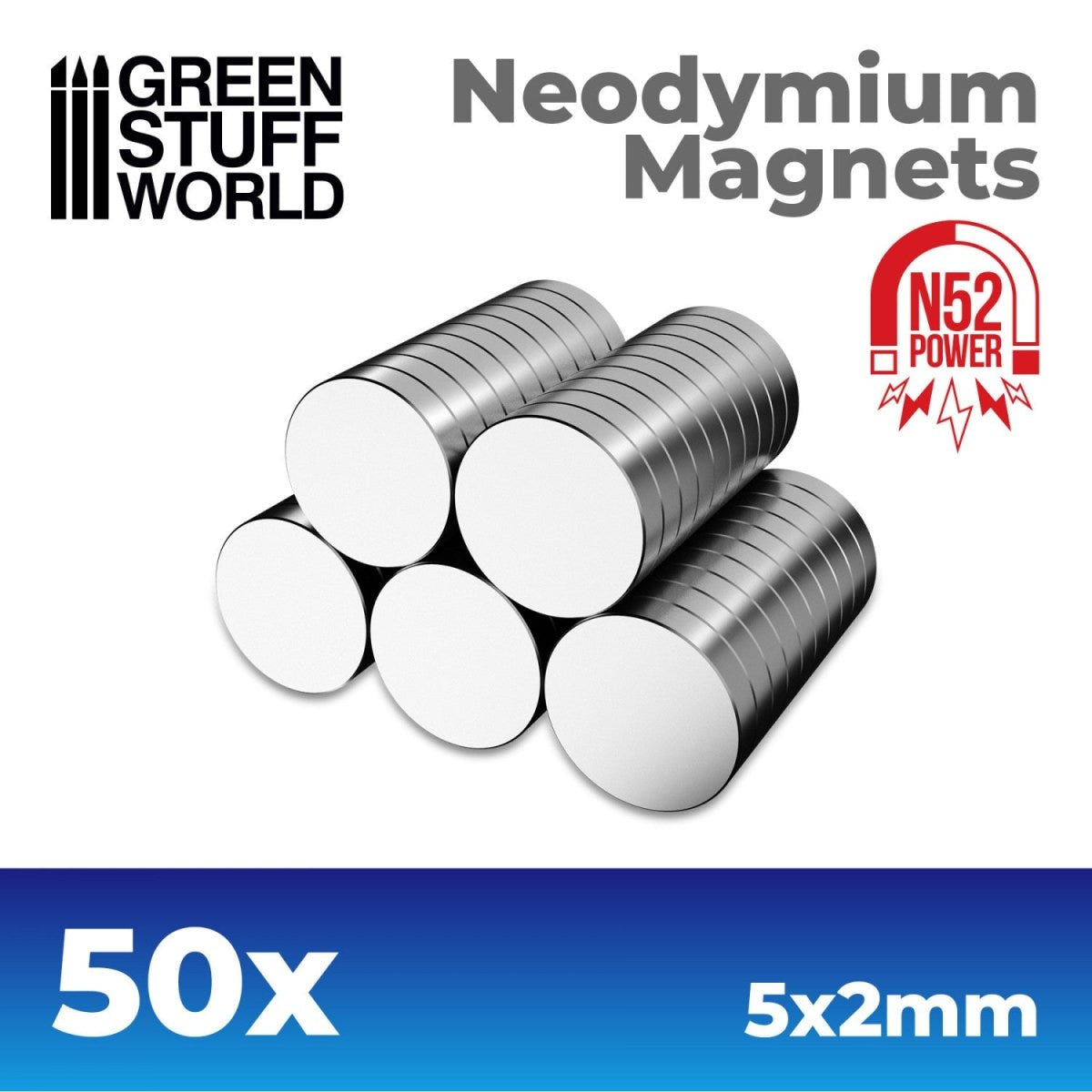 Green Stuff World 5x2mm N52 neodymium magnets, pack of 50, stacked discs