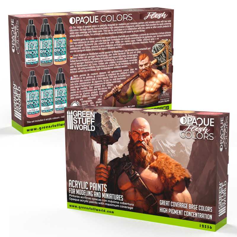 Green Stuff World Opaque Flesh Colours acrylic paint set box, front and back