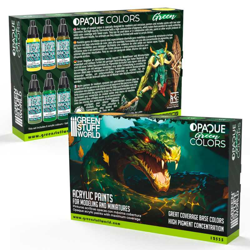 Green Stuff World Opaque Green Colours paint set box with dragon artwork, front and back