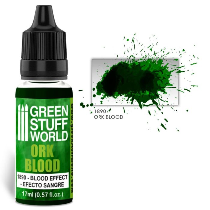 Green Stuff World Ork Blood 17ml effect paint dropper bottle beside a green blood splatter swatch