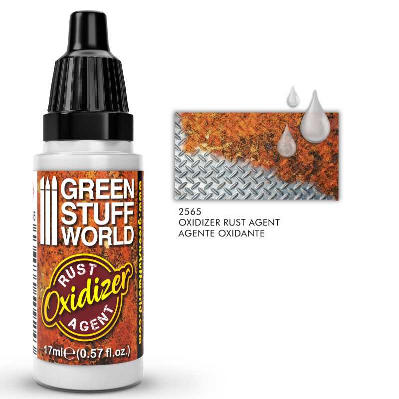 Green Stuff World Oxidizer rust agent 17ml dropper bottle beside a rusted metal tread plate sample