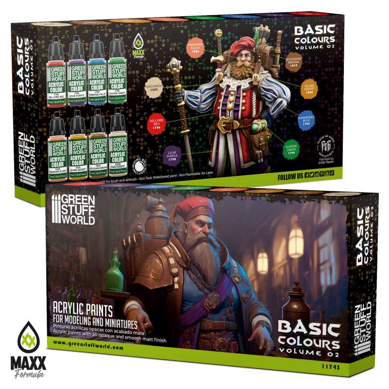 Green Stuff World Basic Colours Volume 02 acrylic paint set box, front and back
