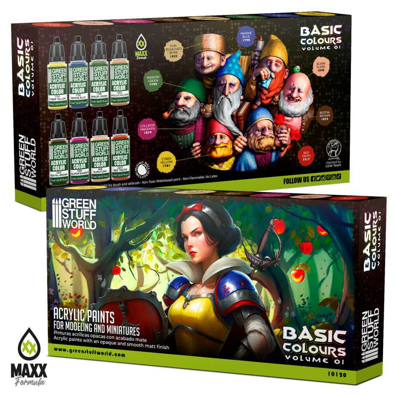 Green Stuff World Paint Set Basics 01 boxes with fairytale artwork and painted miniatures