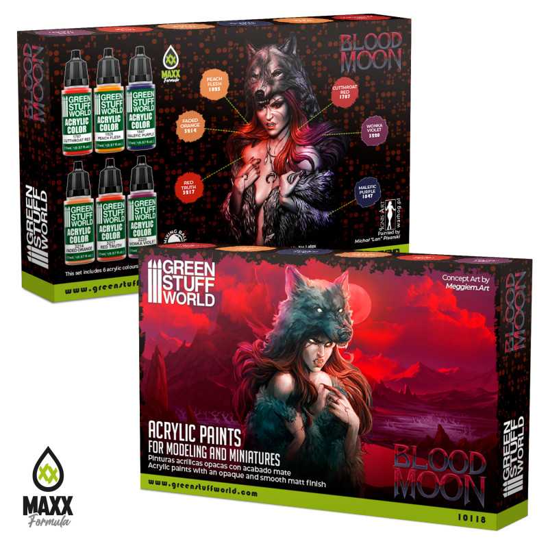 Green Stuff World Blood Moon paint set box, front and back, with art of a woman in a wolf-skin hood
