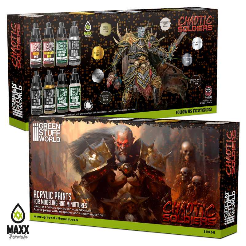 Green Stuff World Chaotic Soldiers acrylic paint set box, front and back with painted miniature art