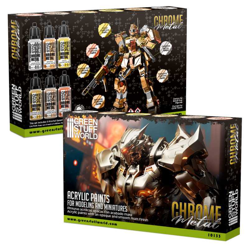 Green Stuff World Chrome Metal acrylic paint set boxes, front and back, with painted robot artwork