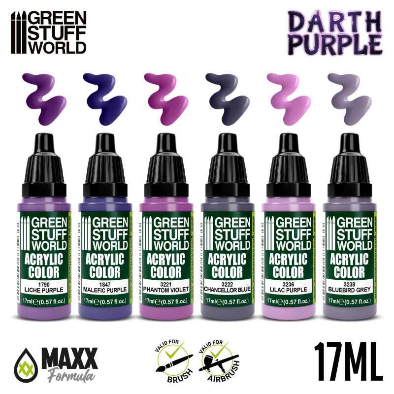Green Stuff World Darth Purple set, six 17ml acrylic dropper bottles with purple colour swatches