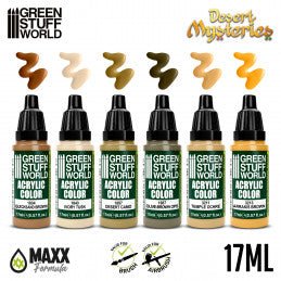 Six Green Stuff World 17ml acrylic dropper bottles from the Desert Mysteries set with sandy colour swatches