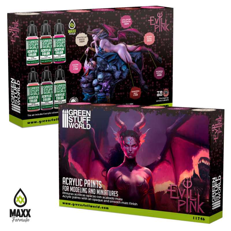 Green Stuff World Evil Pink acrylic paint set box with daemon artwork