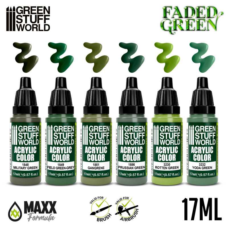 Green Stuff World Faded Green set: six 17ml muted green dropper bottles with swatches