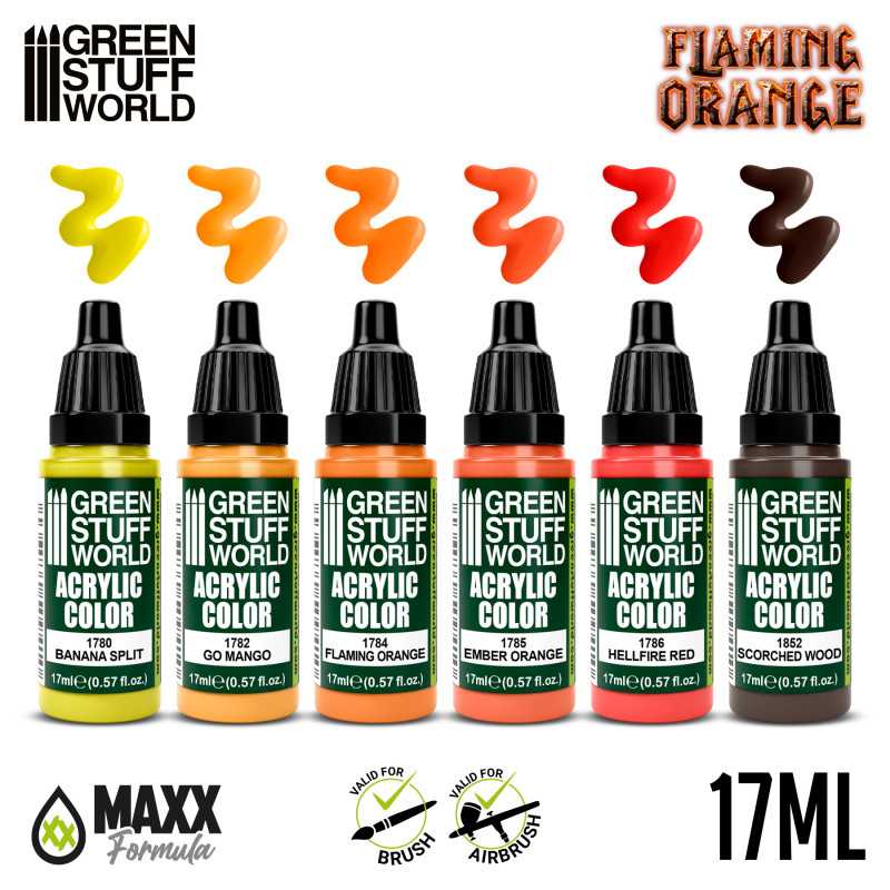 Green Stuff World Flaming Orange paint set, six 17ml bottles from yellow to scorched brown