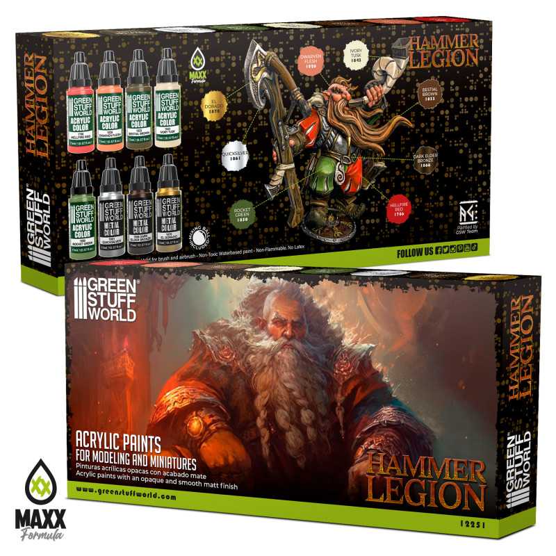 Green Stuff World Hammer Legion acrylic paint set box, front and open view with a painted dwarf