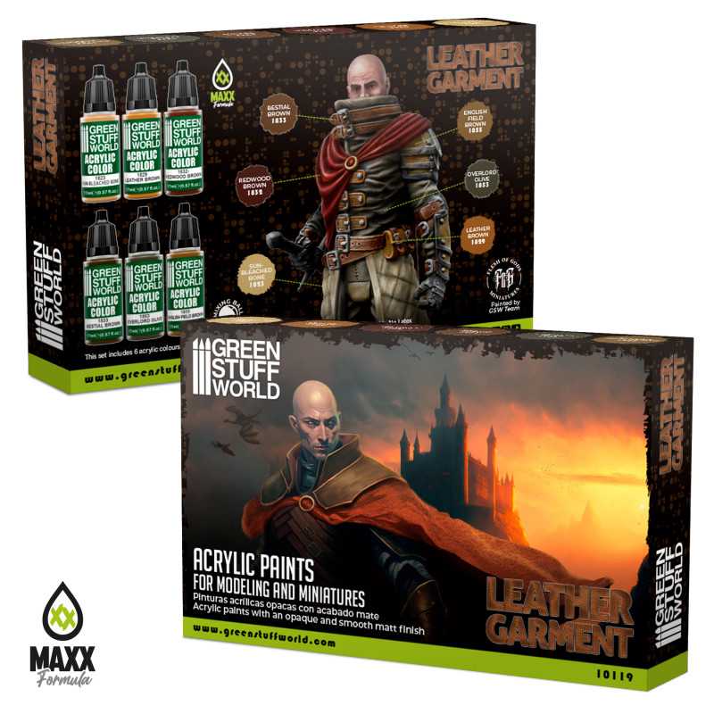 Green Stuff World Leather Garment acrylic paint set boxes showing a painted hooded miniature