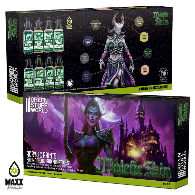Green Stuff World Malefic Skin paint set box, front and back, with art of a horned pale-skinned figure