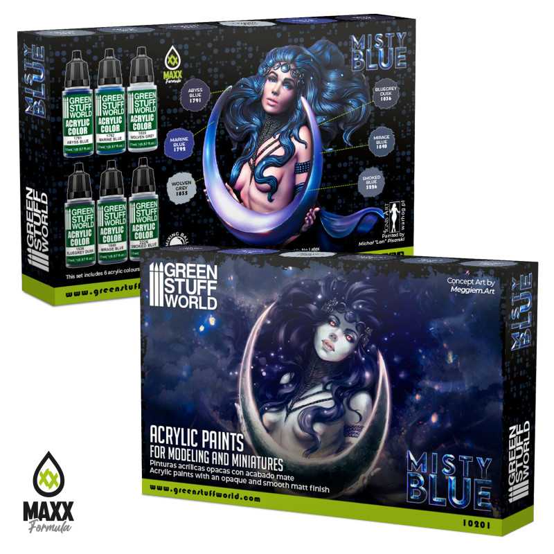 Green Stuff World Misty Blue acrylic paint set box, front and back with fantasy artwork