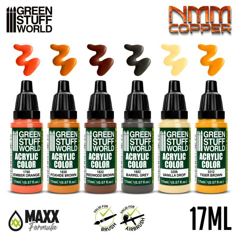 Green Stuff World NMM Copper set, six 17ml acrylic colour bottles with matching paint swatches