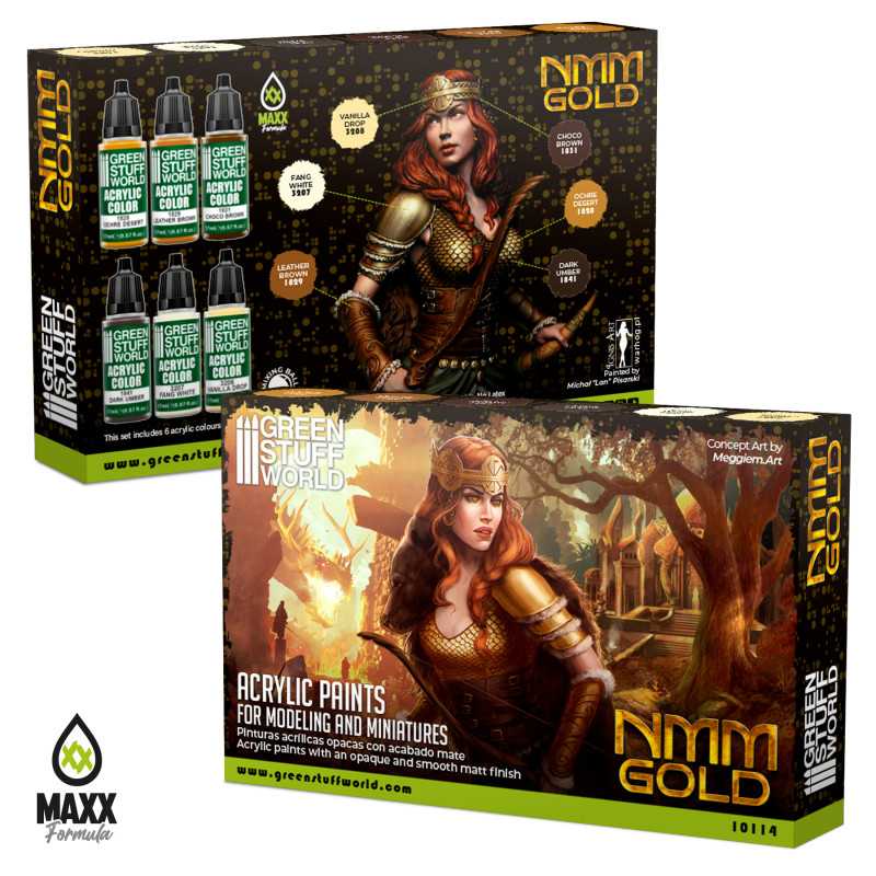 Green Stuff World NMM Gold paint set boxes showing a painted heroine with non-metallic gold armour