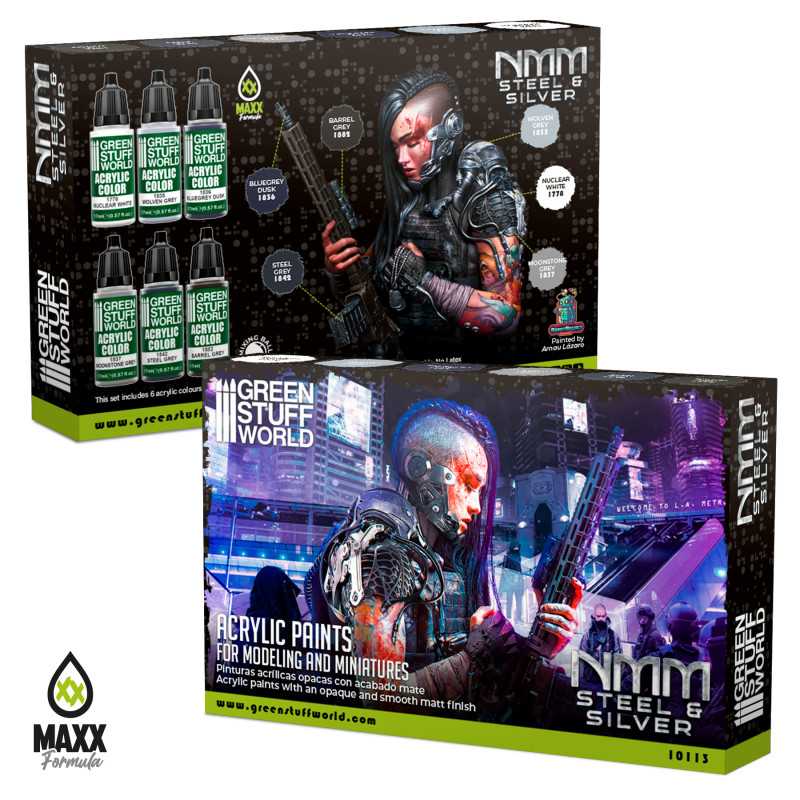 Green Stuff World NMM Steel and Silver acrylic paint set boxes, front and back with sci-fi artwork