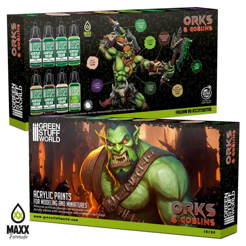 Green Stuff World Orks and Goblins acrylic paint set box, front and back, with a painted Ork