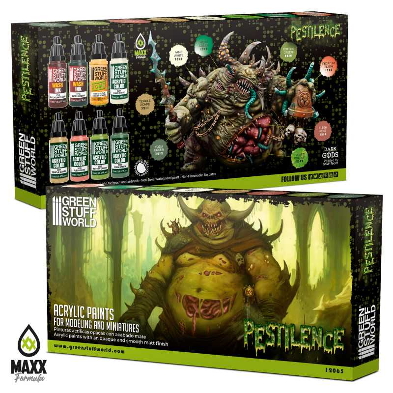 Green Stuff World Pestilence acrylic paint set box, front and back, with a painted Nurgle-style model