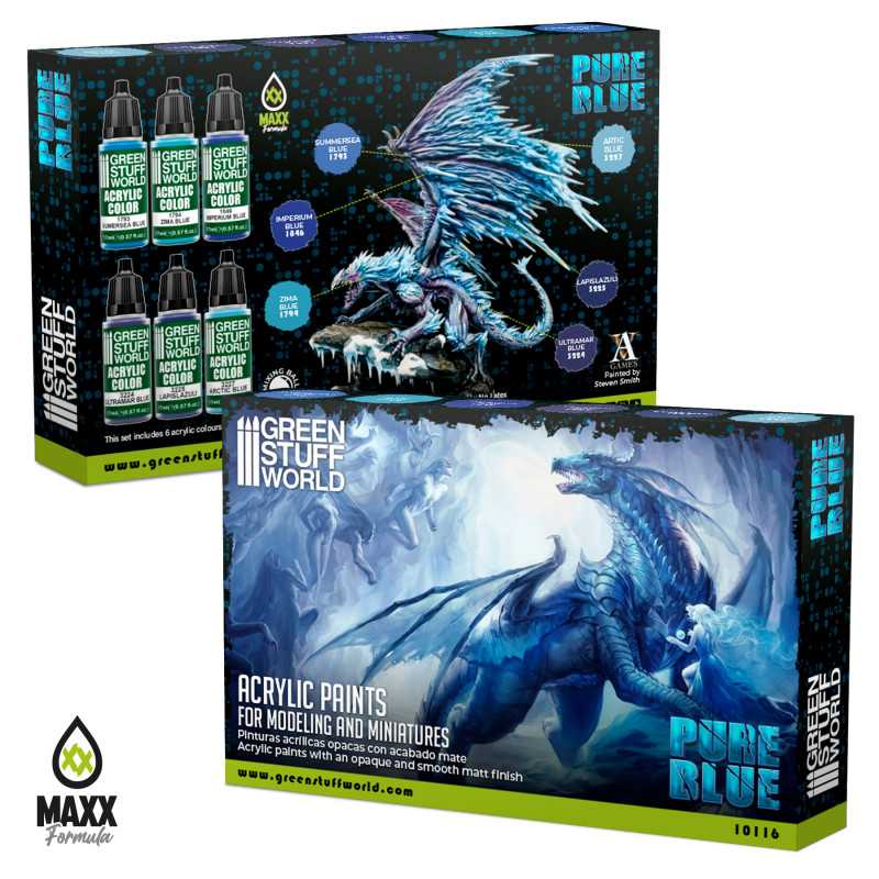 Green Stuff World Paint Set Pure Blue boxes with blue dragon artwork