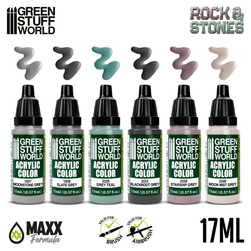 Green Stuff World Rock & Stones set: six 17ml grey and stone-toned acrylic dropper bottles