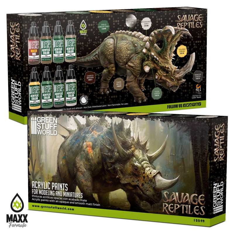 Green Stuff World Savage Reptiles paint set box, front and back, with art of a horned dinosaur