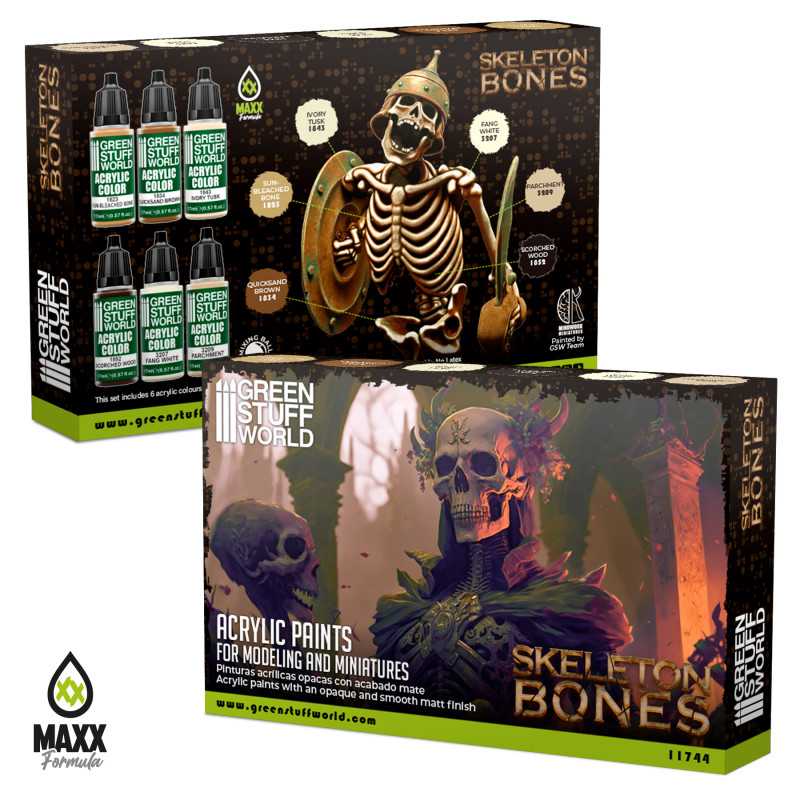 Green Stuff World Skeleton Bones acrylic paint set boxes, front and back