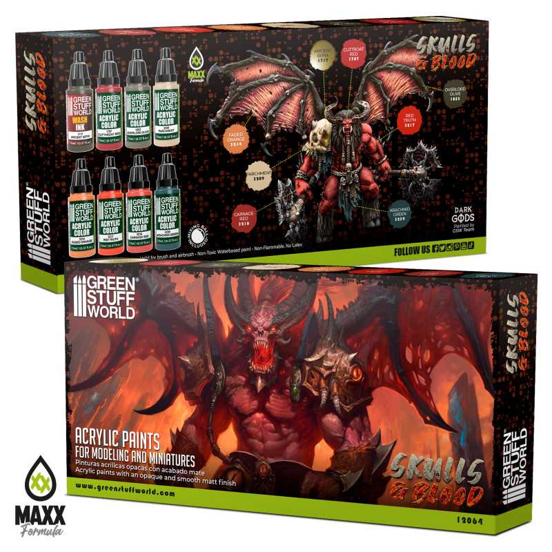 Green Stuff World Skulls & Blood acrylic paint set box, front and open view with a painted daemon model