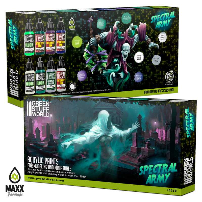 Green Stuff World Spectral Army acrylic paint set boxes, front and back, with ghostly wraith artwork