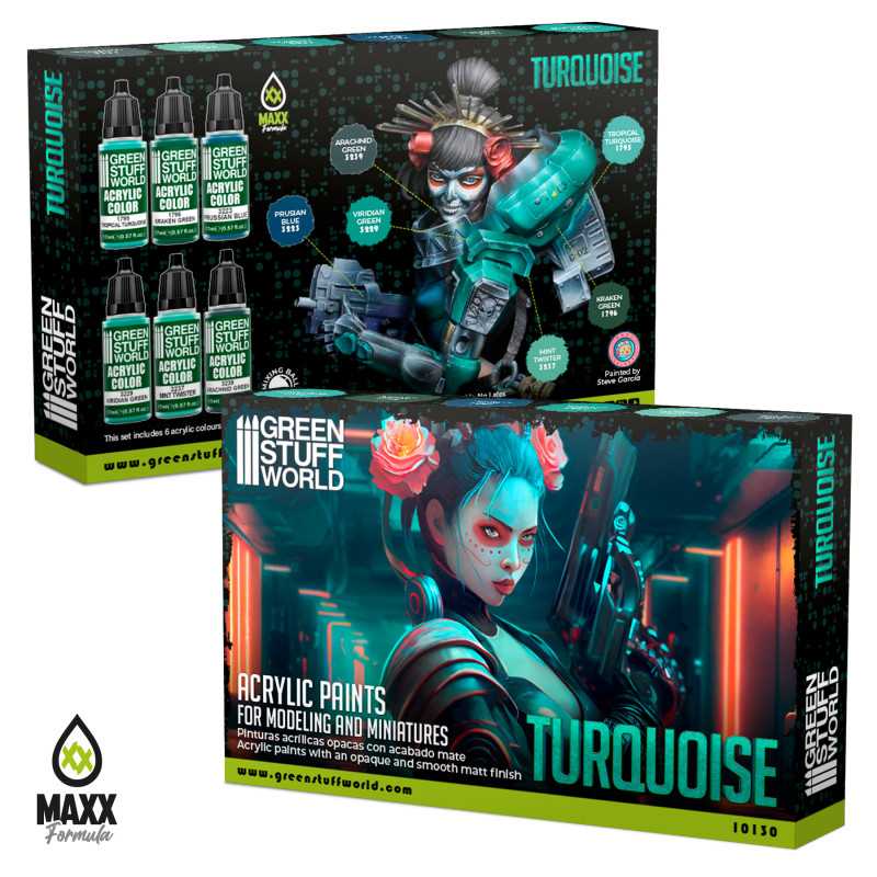 Green Stuff World Turquoise acrylic paint set box, front and angled view